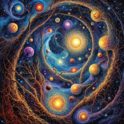 The primary subject of the image is a vibrant and colorful painting of a spiral galaxy. The setting is a space filled with various celestial bodies, including planets and stars. The visual style is a combination of digital art and illustration, creating a dynamic and detailed representation of the galaxy. The colors and mood of the painting are lively and energetic, with a sense of wonder and exploration.